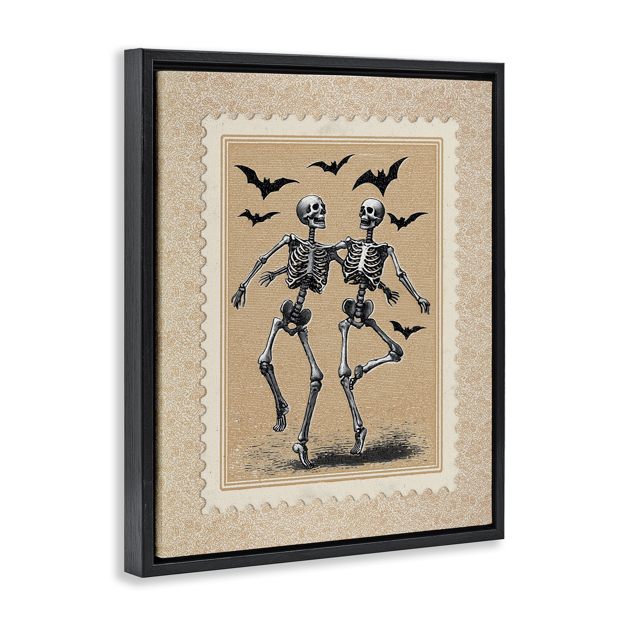 Vintage Dancing Skeletons Stamp Black Framed Floater Canvas Wall Art, design by Arlington Prints