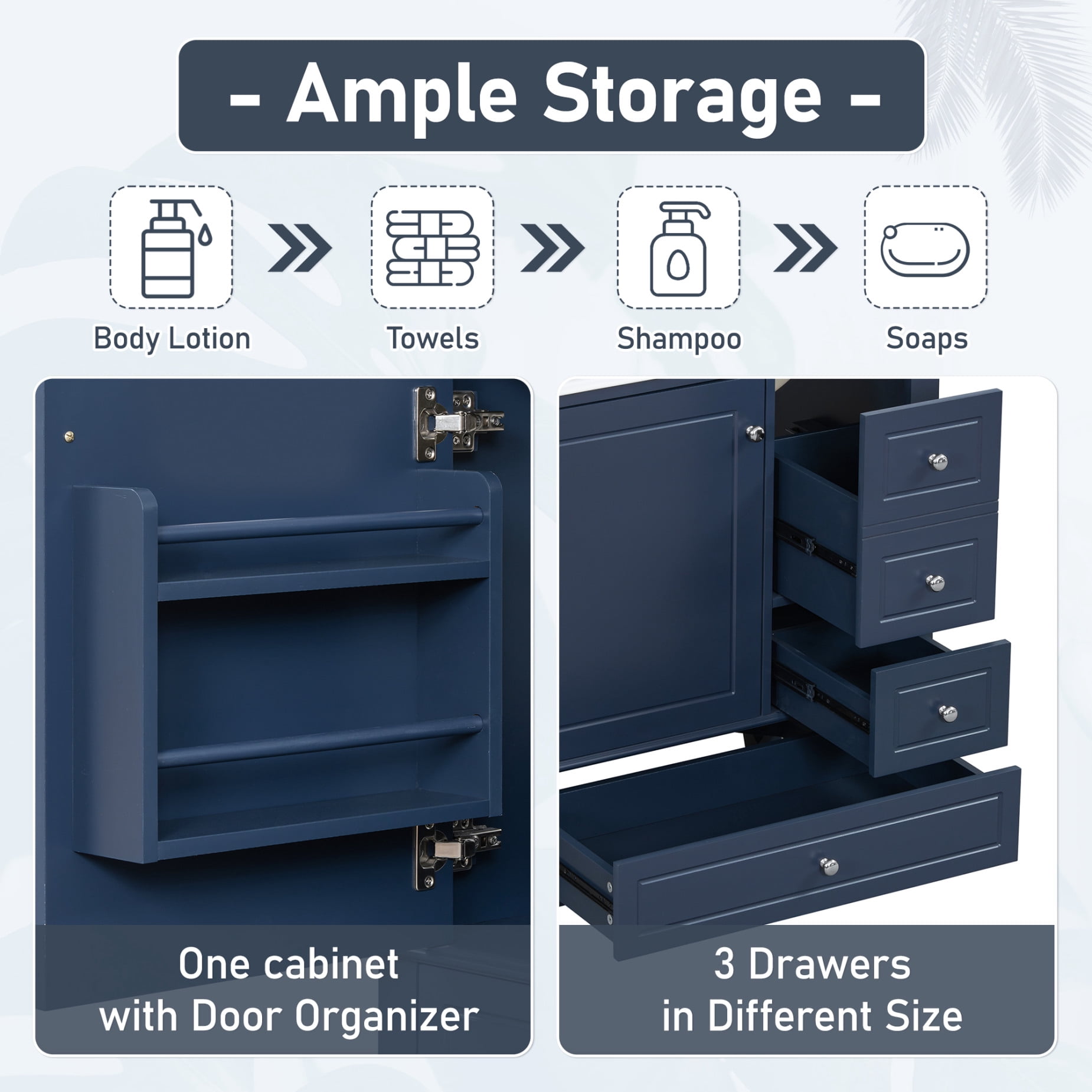 30" Bathroom Vanity with Sink Combo, Modern Bathroom Storage Cabinet with 3 Drawers and 1 Soft Closing Door, Freestanding Solid Wood Bathroom Vanities, Blue