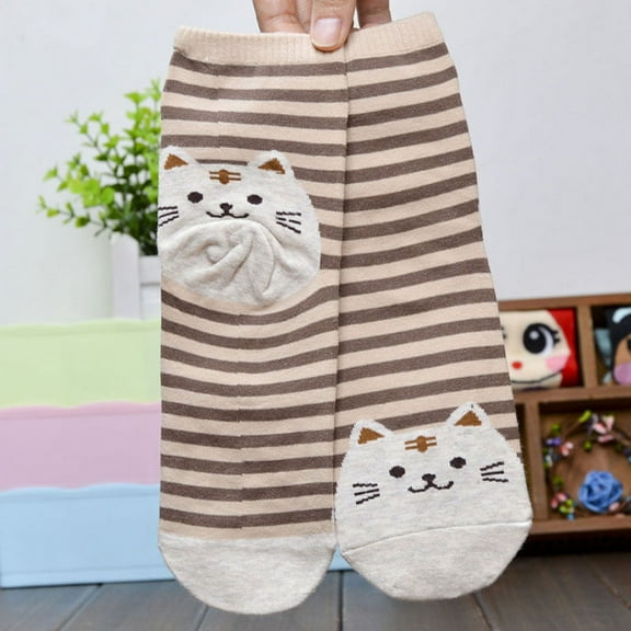 JeashCHAT 3D Animals Striped Cartoon Socks Women Cat Footprints Cotton Socks Floor BW