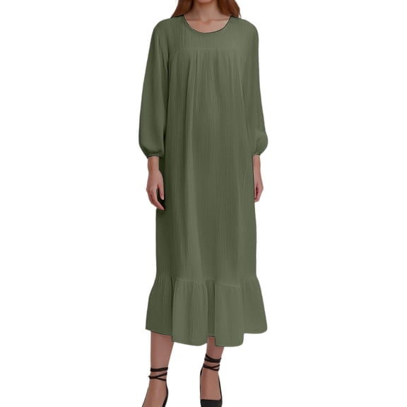 ZHOGXU Stylish Womens Midi Dresses Solid Color Round Neck Long Sleeve Regular Fit Ruffle Hem Weekend Outdoor Wear