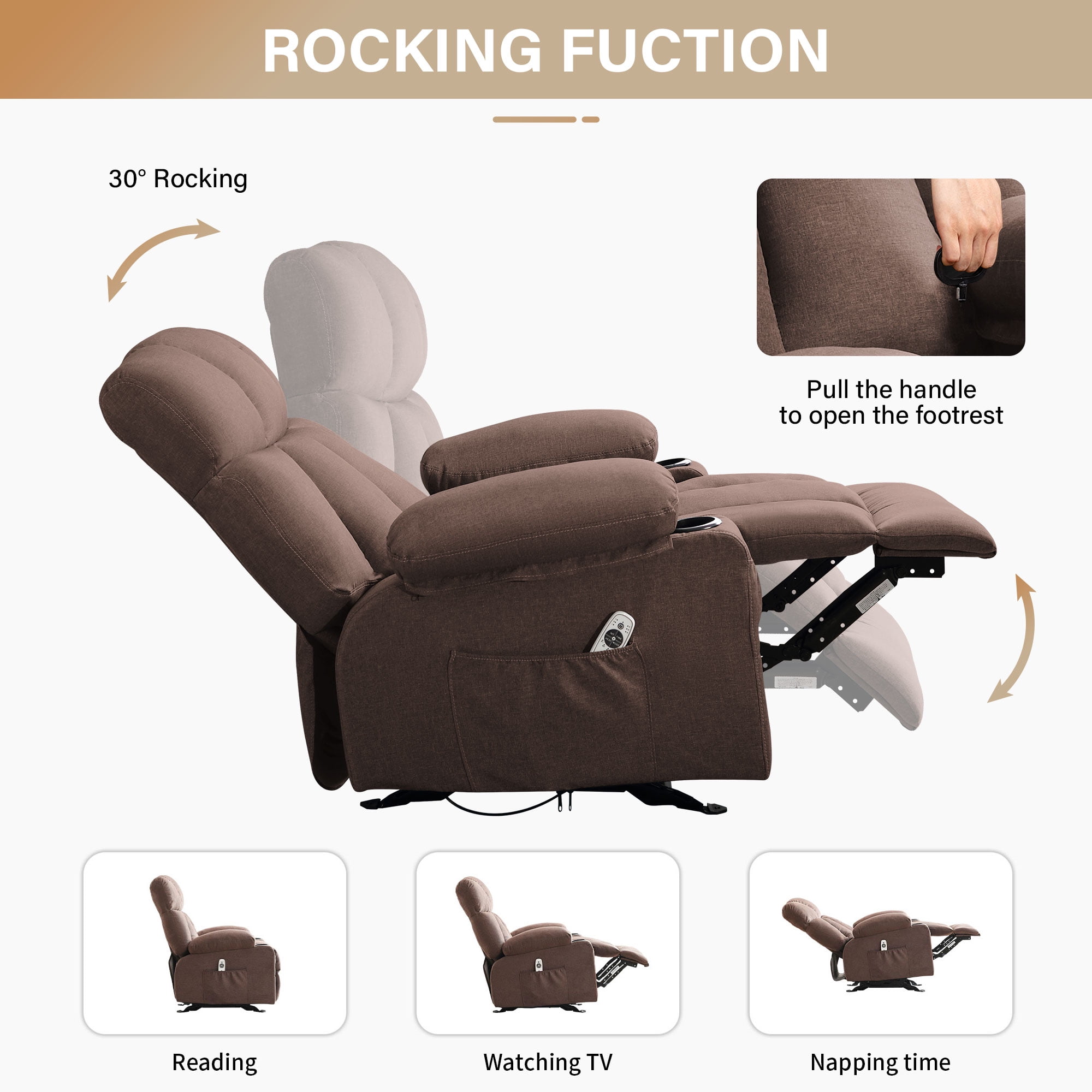 JONPONY Heated Manual Massage Recliner with Cup Holder, Single Rocker Sofa with Cup Holders for Bedroom Home Theater,Brown