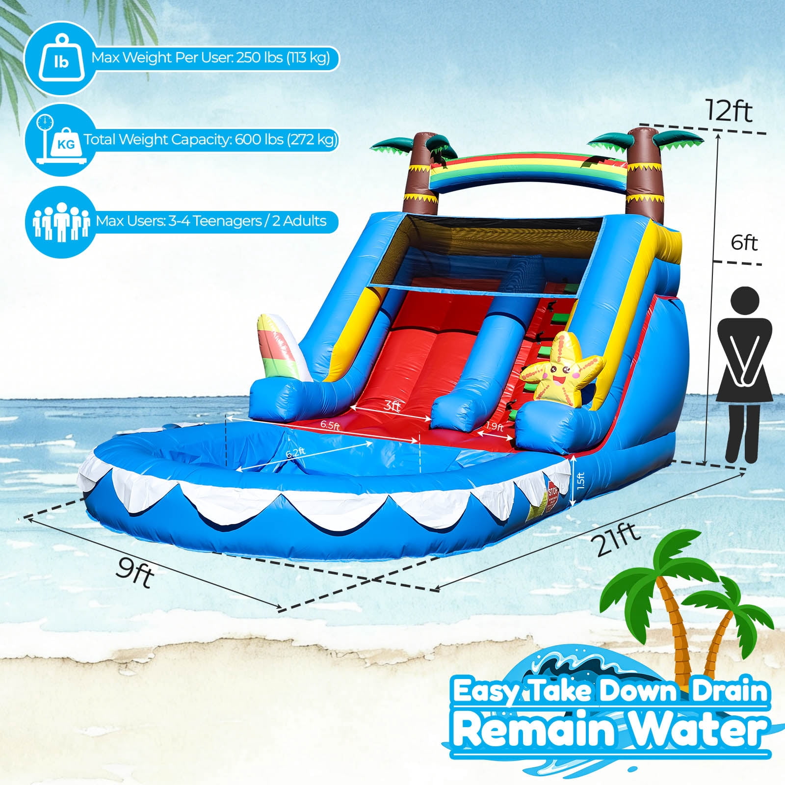 OFFMUST 21FT(L) Inflatable Water Slide for Adults Kids, Commercial Grade Home Water Slide with Blower, Giant Blow Up Water Slides for Backyard , 21x9x12ft