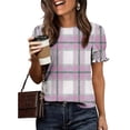 thumbnail image 5 of HomeDM Womens Crew Neck T-Shirts Trendy Smocked Cuffs Short Sleeve Casual Summer Plaid Tops - Purple/XL, 5 of 6