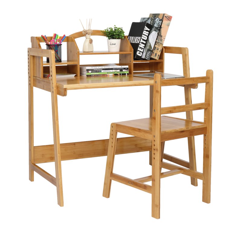 Bamboo Kids Study Desk and Chair Set with Bookshelf | Costway