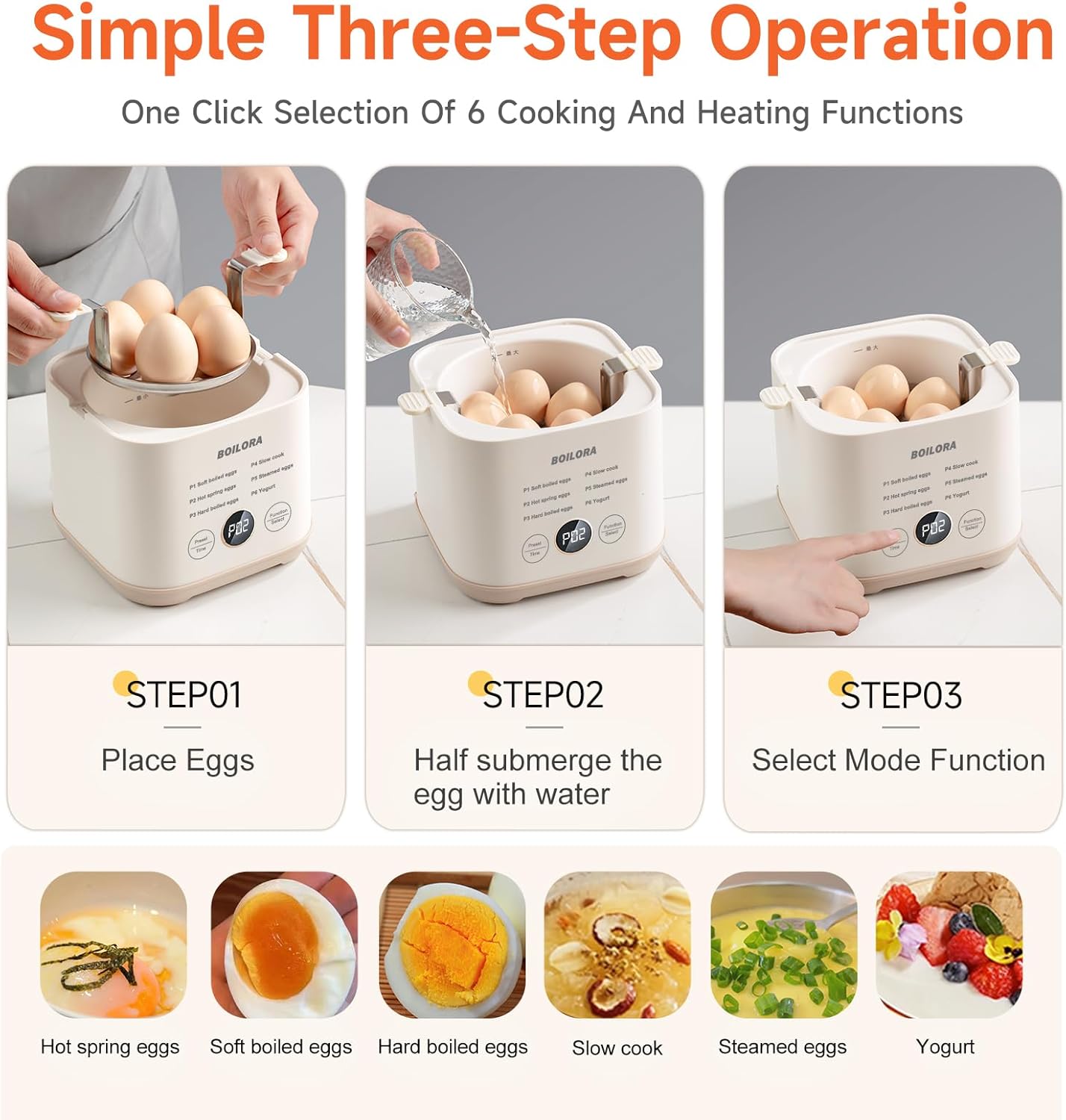 BOILORA Smart Egg Cooker for Soft Medium Hard Boiled Eggs with 24-Hour Delay Timer and Auto Shut-Off Stainless Steel Rack BPA-Free