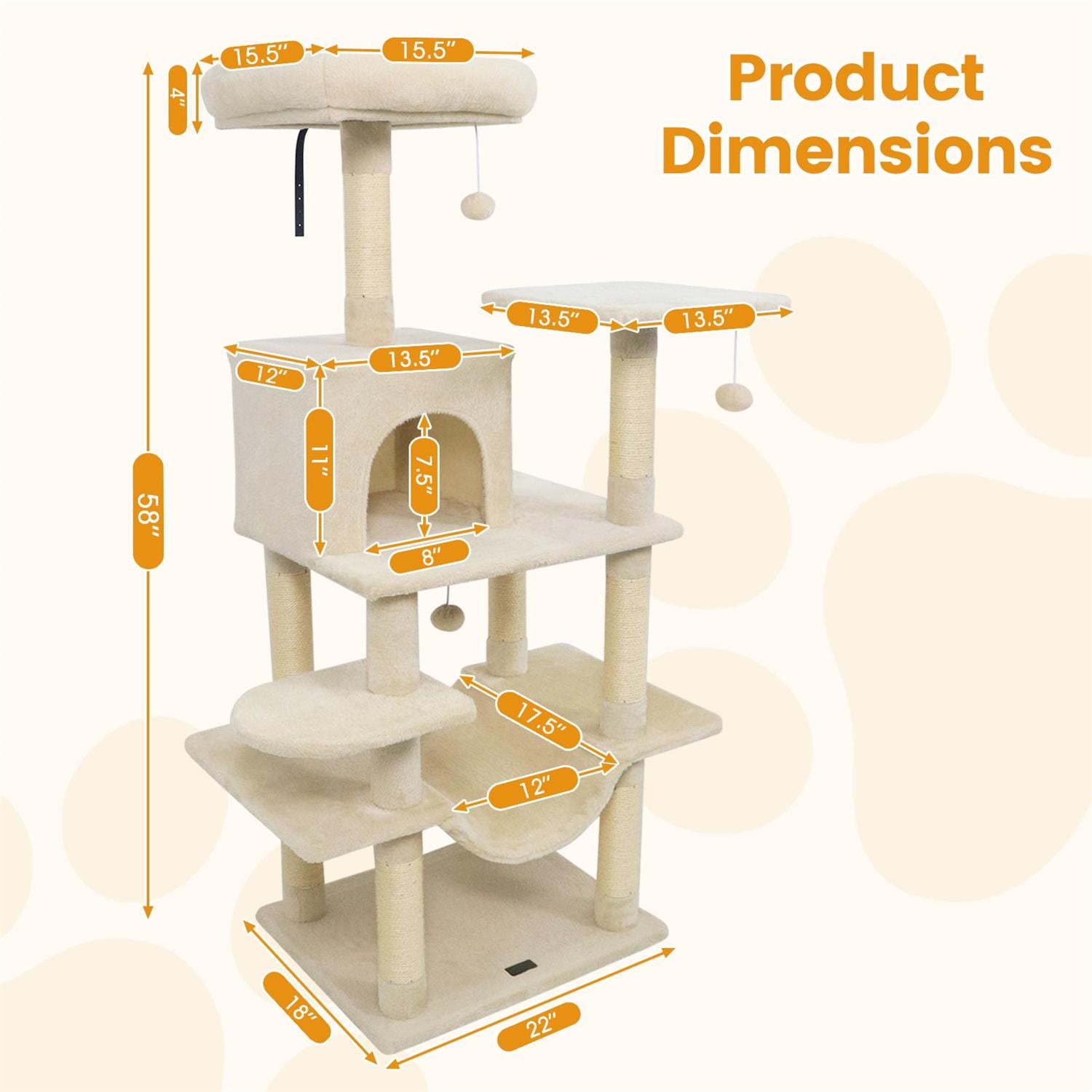 Pefilos 58" Multi-Level Cat Tree, Soft Plush & Padded Top Perch, Condo & Sisal Scratching Posts, Beige