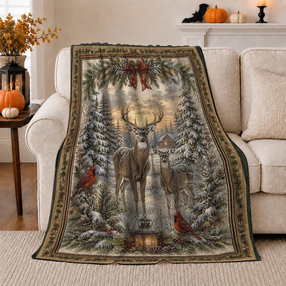 Winter Deer with Cardinals and Snowy Cabin Forest, Rustic Wildlife Nature Art for Deer Lovers, Birthday Gift, Soft Flannel Blanket for Cabin and Bedroom, Cozy Home Decor