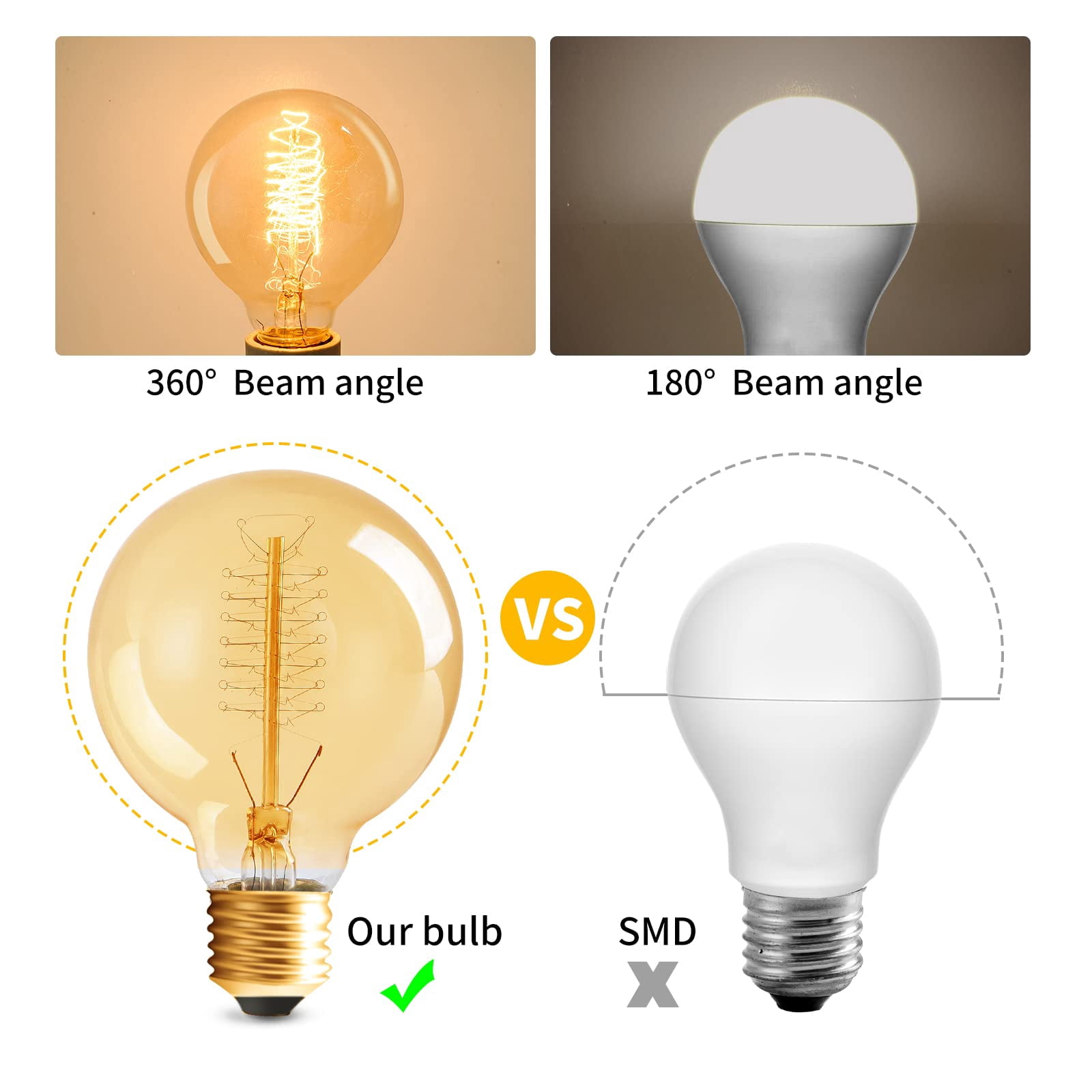 Globe Edison Bulbs, 6-Pack 60w Vintage Edison Light Bulb, Spiral Filament Edison Bulbs, E26 Base - Amber Tinted - 120VDimmable - G80 Decorative Lightbulbs