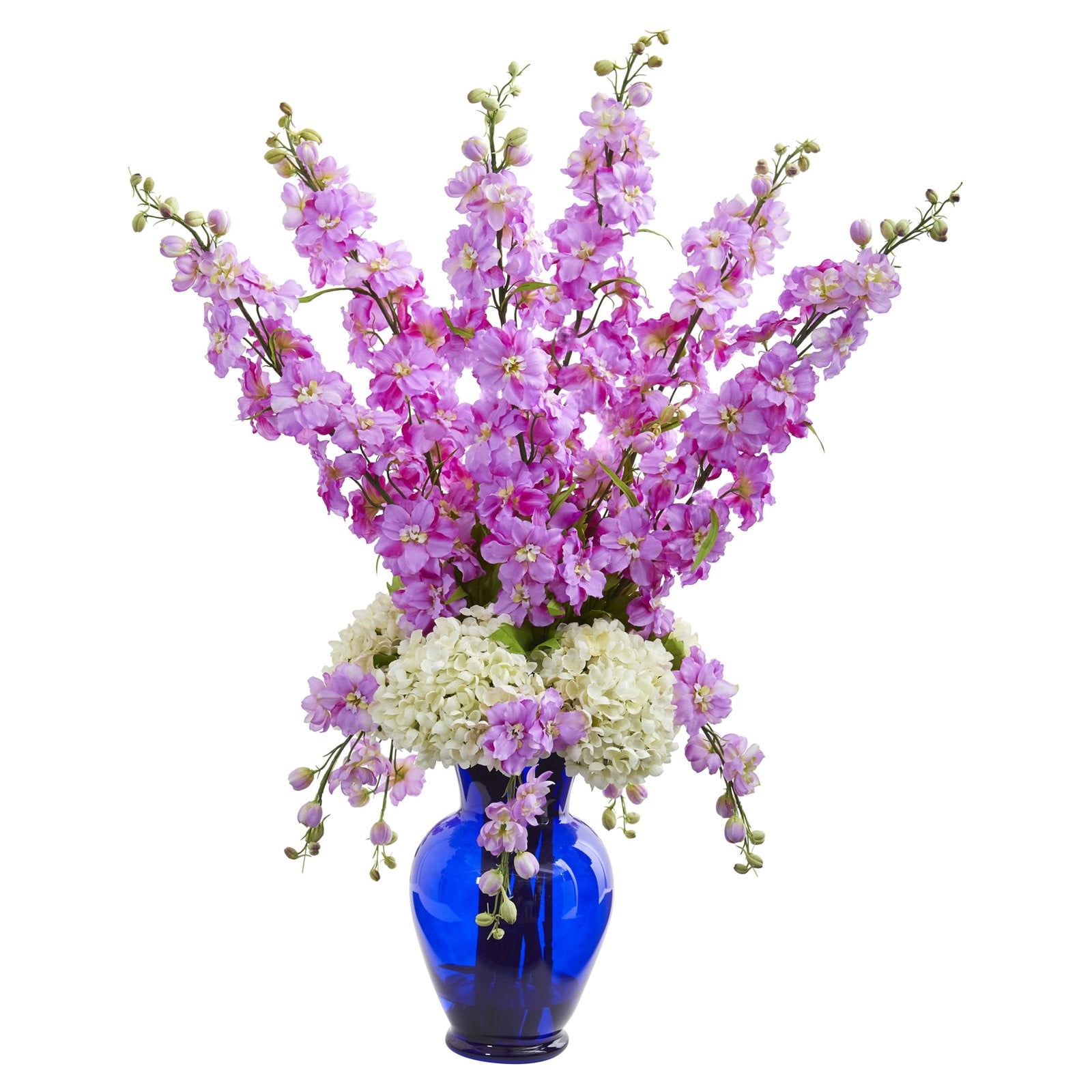 Nearly Natural Delphinium and Hydrangea Artificial Arrangement in Blue Vase