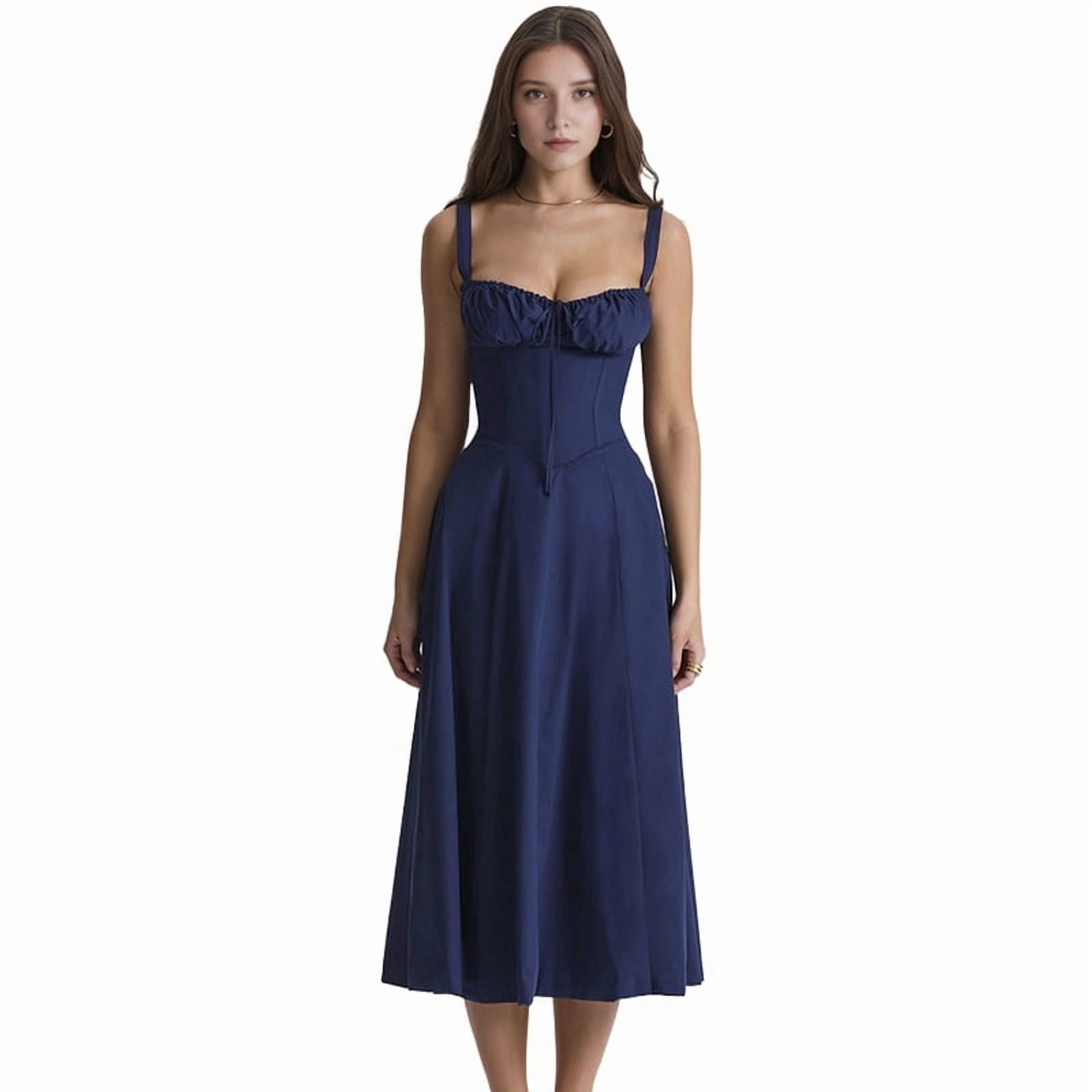 Women'S Summer Midi Corset Boho Dresses Casual Spaghetti Straps Lace Up Dress Flowy Aline Beach Sundress Navy Blue S