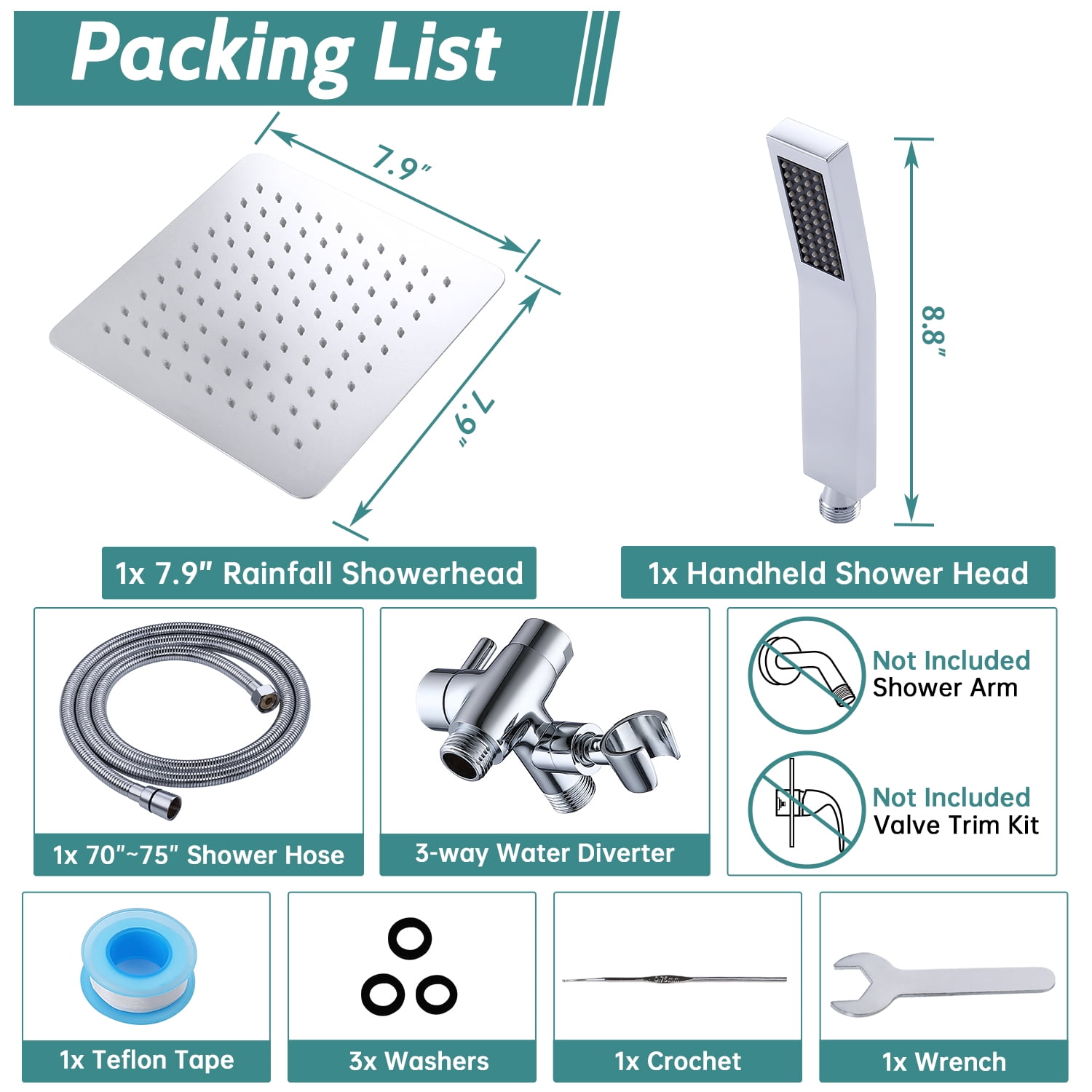 G-Promise All Metal Square 8" Rainfall Shower Head with Handheld Combo, with 71" Extra Long Flexible Hose, Smooth 3-Way Diverter