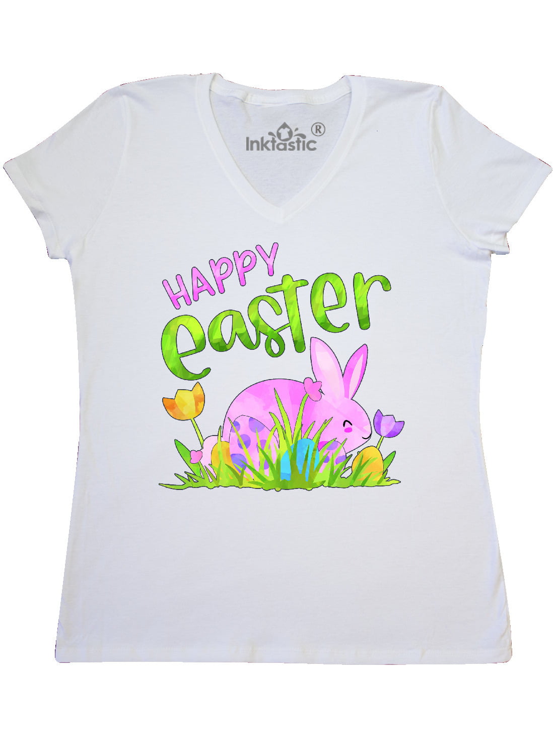 INKtastic - Happy Easter Pink Bunny and Eggs in Grass Women's V-Neck T ...