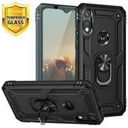 TJS Phone Case Compatible for Motorola Moto E 2020, with [Tempered Glass Screen Protector][Impact Resistant][Defender][Metal Ring][Magnetic Support] Armor Drop Protector Cover (Black)