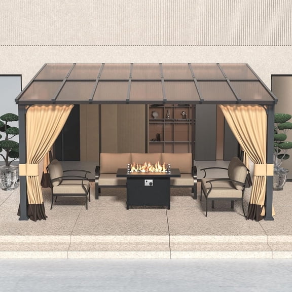 ALAULM 10' x 14' Gazebo,Hard Top Lean to Gazebo Wall Mount Heavy Hardtop Gazebo Outdoor Pergola with Curtains and Netting for Patio Garden Lawn Backyard Deck (Sand)