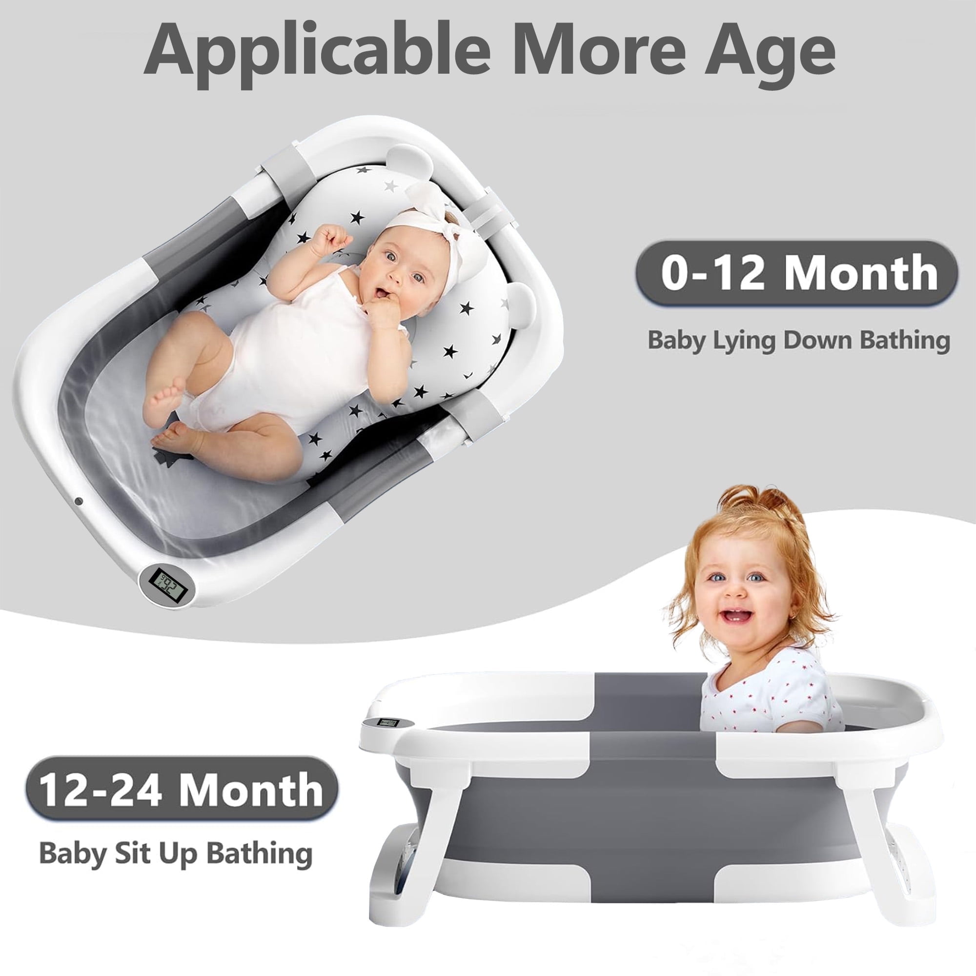 Morfone Collapsible Baby Bathtub for Newborn with Thermometer & Soft Cushion, Portable Travel Baby Tub for Infant to Toddler 0-36 Months, Gray