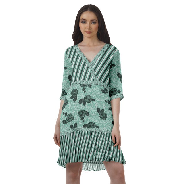 Moomaya Robe Courte Décontractée Imprimée en Georgette à Manches 3/4, Col en V, Personnalisée pour Femmes