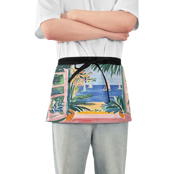 Yayeee Waist Apron with Pockets for Cooking Waterproof Half Server Aprons, Seaside Leaves