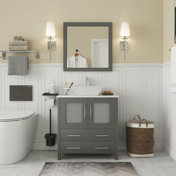 Vanity Art 30 in. W Single Sink Bathroom Vanity with Engineered Marble Top and Free Mirror