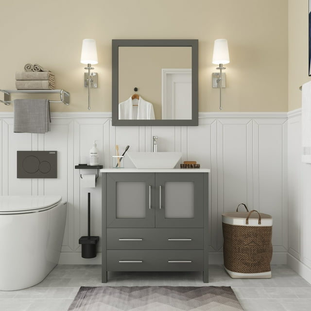 Vanity Art 30 in. W Single Sink Bathroom Vanity with Engineered Marble Top and Free Mirror
