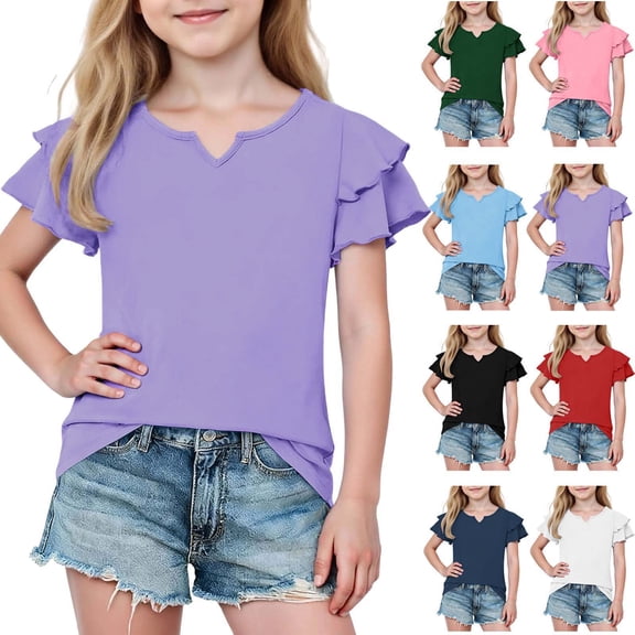 Lumosvexa Girls Ruffle Sleeve T-Shirt Soft Lightweight Short Sleeve V Neck Summer Casual Daily Top Purple 10-12