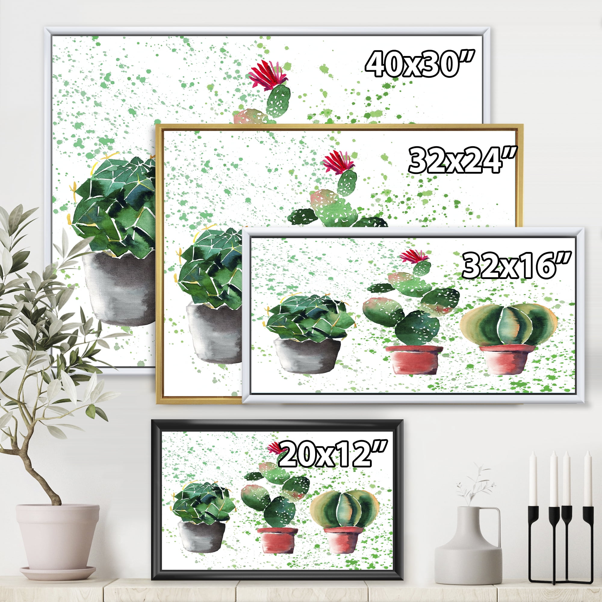 Designart 'Three Cacti In Clay Pots With Green Dots' Traditional Framed Canvas Wall Art Print