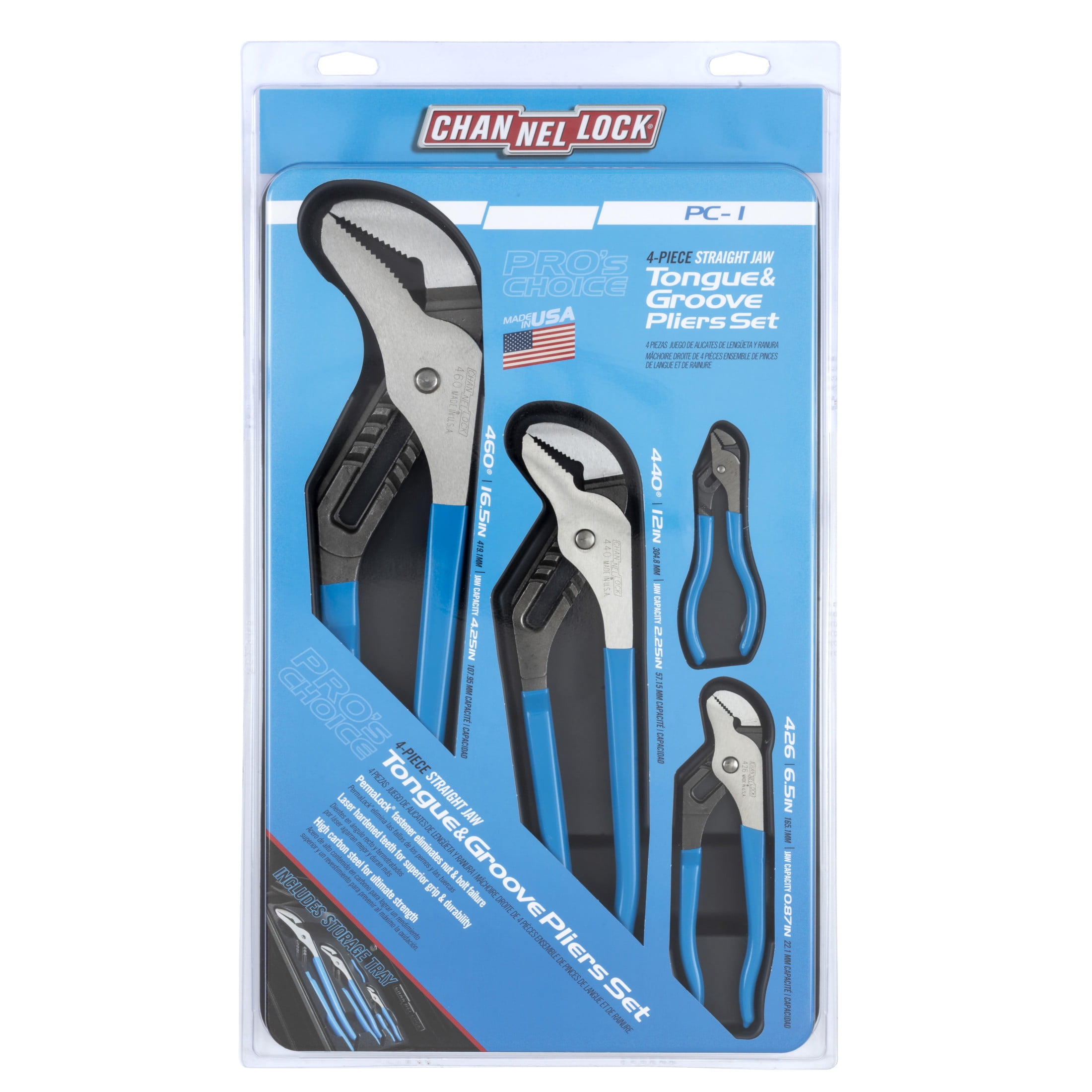 CHANNELLOCK Pro's Choice Tongue & Groove Pliers Set, Includes 4.5, 6.5, 12 and 16.5-inch Pliers, Made in USA, 4-tool set (PC-1)