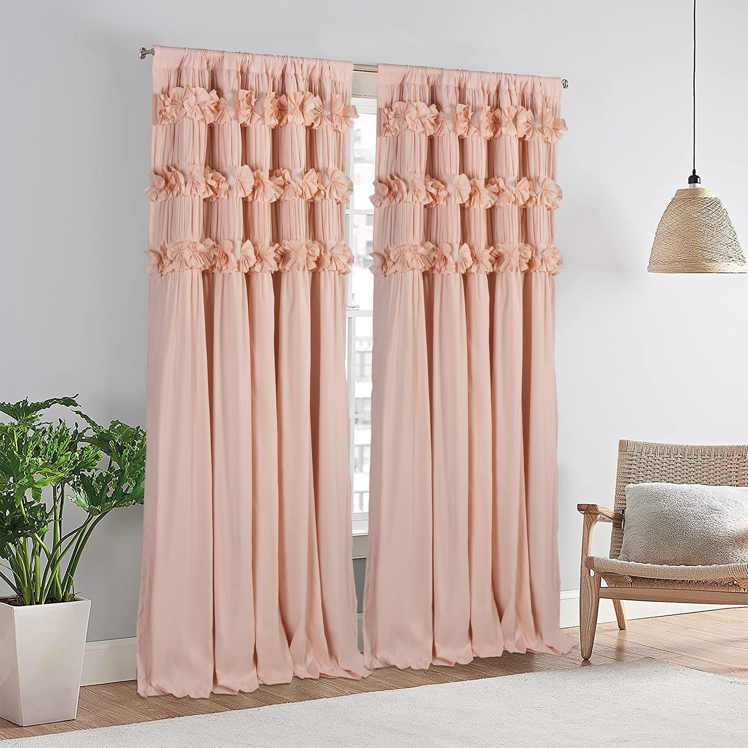 EvJk Peach Blackout Window Curtain 54" x 84", 2 Panels Curtains with Handmade Ruffles
