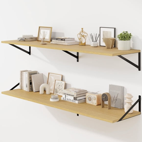 Floating Shelves for Wall, 12 Inch Deep Floating Shelves Set of 2, 55W x 12D Large Wall Shelf with Sturdy Metal Brackets for Living Room, Bathroom, Bedroom and Kitchen, Oak