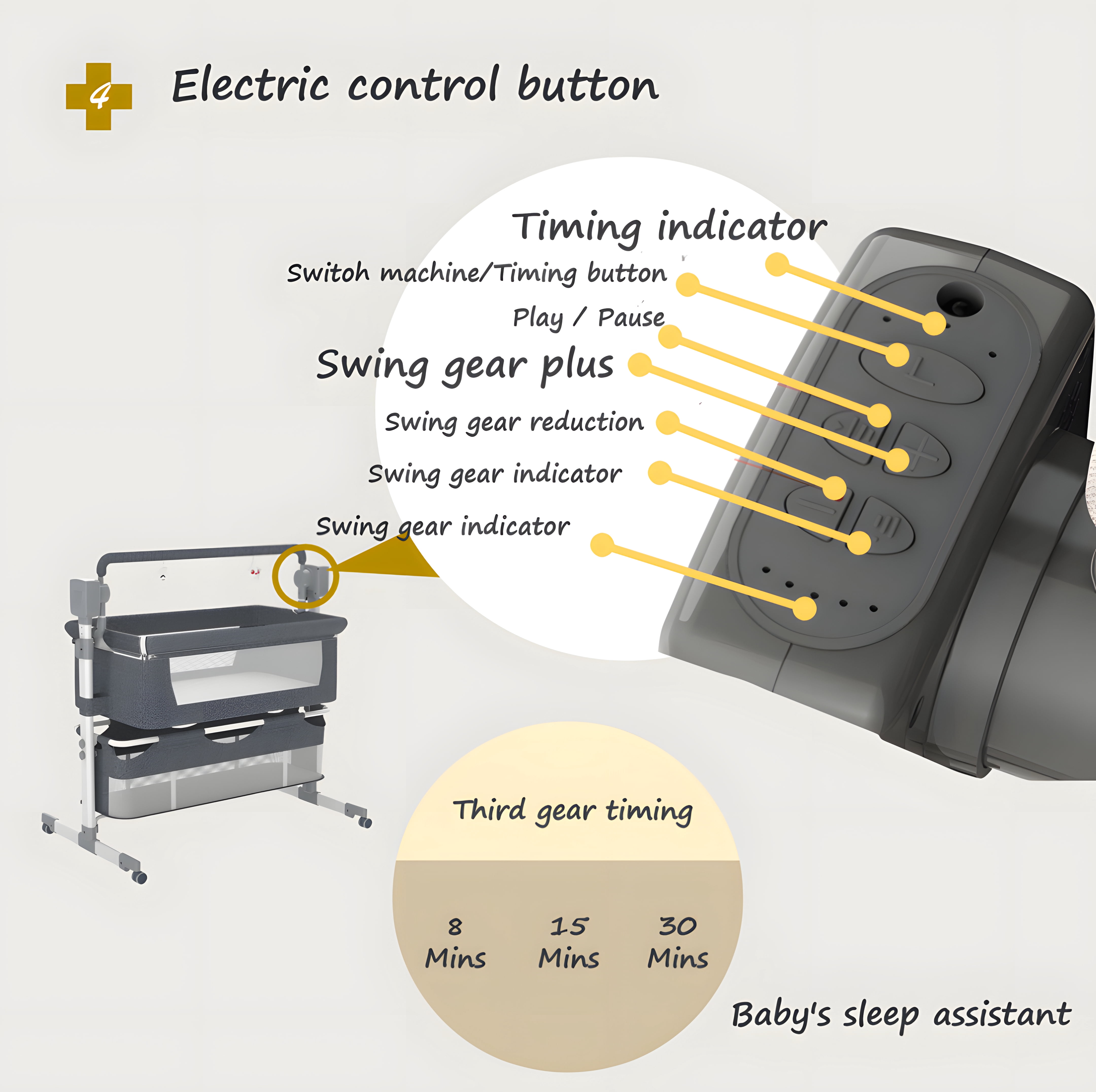 EaseBaby Electric Baby Bassinet & Bedside Sleeper with Bluetooth music and 3-Level Height Adjustment,Unisex,GREY