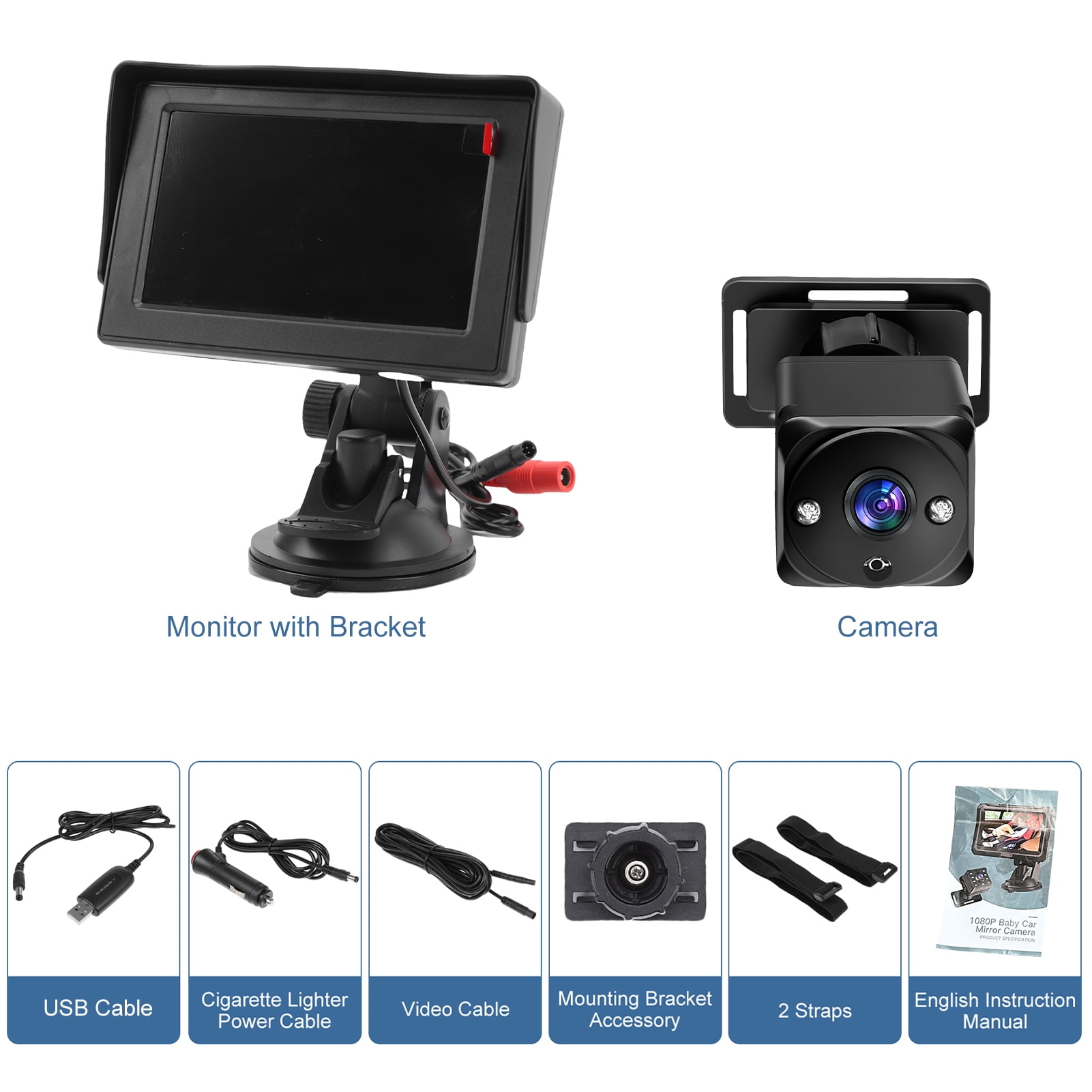 Auto Parts Baby Car Camera with Monitor 4.3 Inch, Night Vision, 360 Rotation, Wide View Angle, USB Plug for Newborn Infant Safety