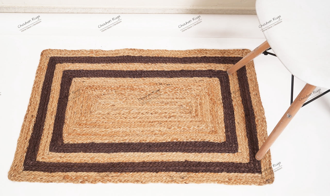 Rectangle Rug Natural Jute Rug Hand Braided Beige and Brown Color Stripes Line Area Rug