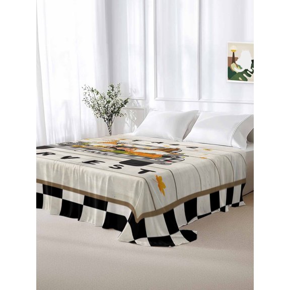 California King Size Flat Sheet Only,Fall Harvest Truck on Wood Board Soft Top Bed Sheets Breathable Bedding Sheet Black White Plaid Microfiber Hotel Luxury Top Sheets
