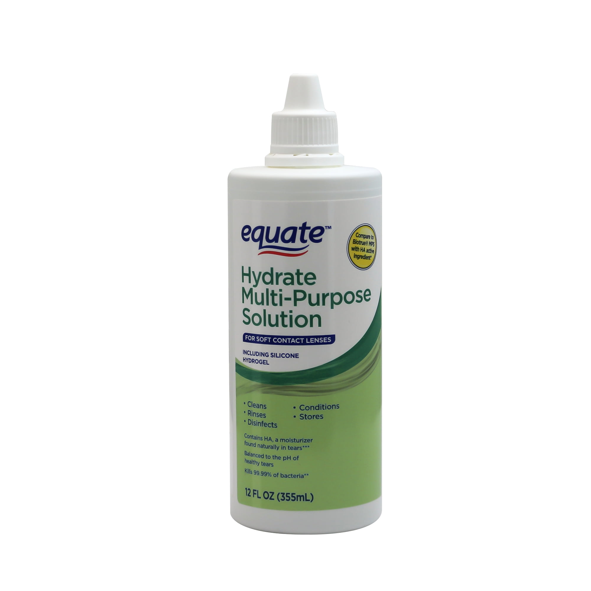 Equate Hydrate Multi-Purpose Solution Liquid for Soft Contact Lenses, 242 fl oz (2x12 fl oz) + 1 Lens Case, Compare to Biotrue® MPS with HA Active Ingredient