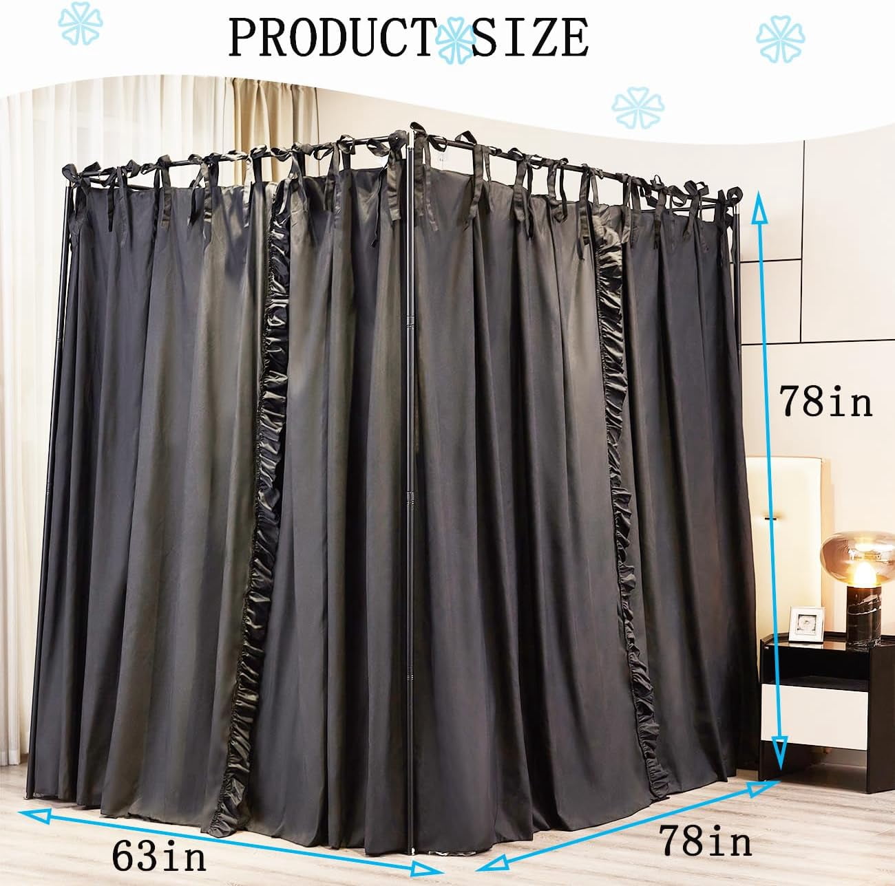 4 Corners Post Canopy Bed Curtains Double Layer Cozy Drape Netting 4 Opening Mosquito Net Mesh for Girls Bedroom Decoration(Black,Queen)