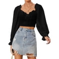 thumbnail image 2 of Women'S Ruched Wrap Square Neck Flounce Long Sleeve Self Tie Crop Top Blouse, 2 of 9