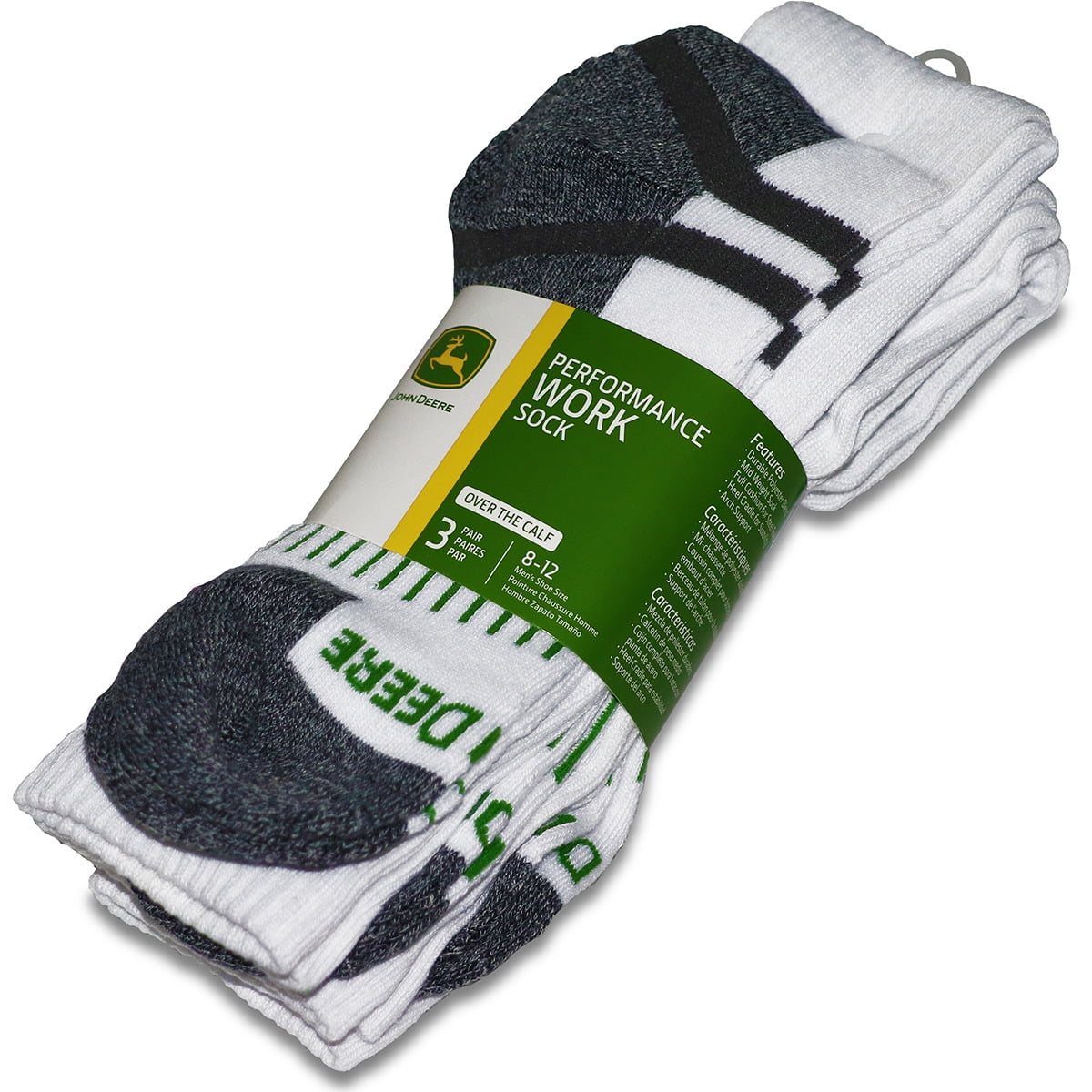 John Deere Men's 3 Pack Performance Work Sock (White)(Over The Calf
