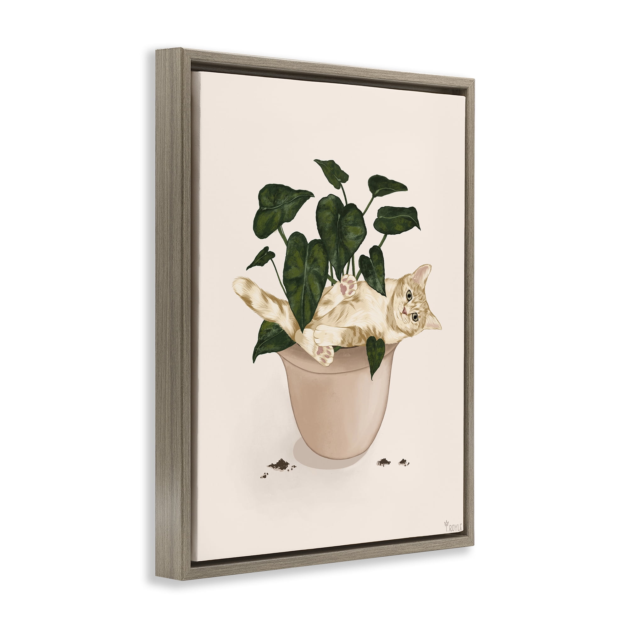 Stupell Industries Funny Cat in House Plant Animals & Insects Painting Brown Floater Framed Canvas Art Print Wall Art, 25 x 31