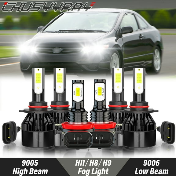 For Honda Civic 2006 2007 2008-2013 LED High Low Beam Headlight Fog Light Bulbs Kit 6000K White 6x