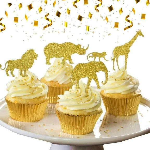 30 Pcs Gold Glitter Jungle Safari Animal Cupcake Toppers Jungle Animals Cake Decorations for Jungle safari Animals Party Baby Showers Birthday Party