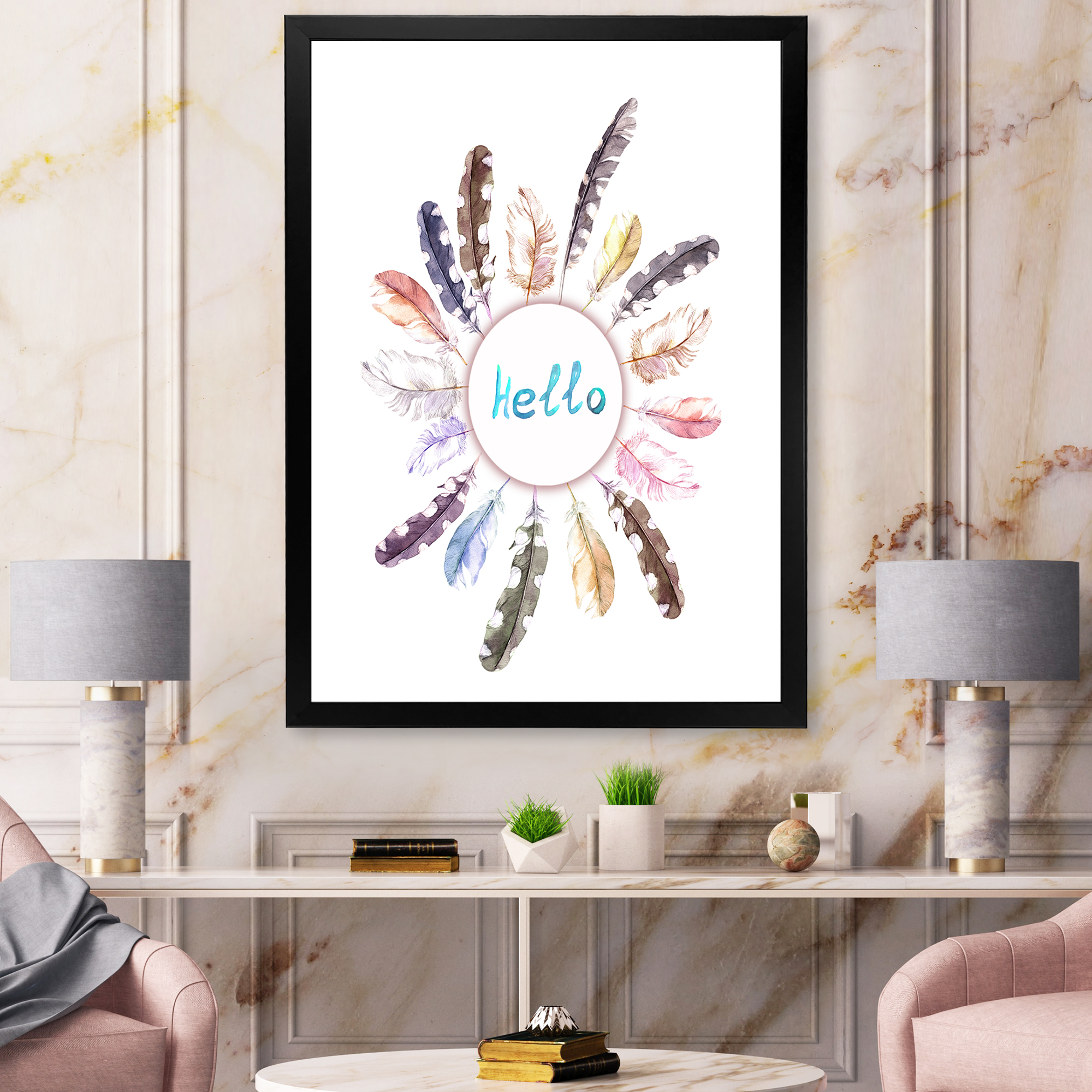 Designart 'Ancient Round Wreath With Birds Feathers' Bohemian & Eclectic Framed Art Print