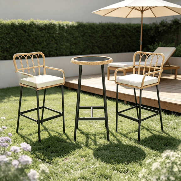 LAZZO 3-Piece Outdoor Patio Bar Set, Rattan Bar Stools with Tempered Glass High Top Table andBeige Cushions