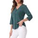thumbnail image 4 of Blusa de mujer Inspire Chic con cuello en V, mangas 3/4, estampado de lunares y corazones, parte delantera con botones, verde teal, talla XS, 4 of 6