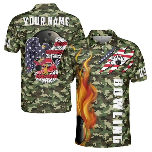 Customize Name, Team name, American Eagle Bowling Flame Camouflage Men's Polo Shirt S-5XL