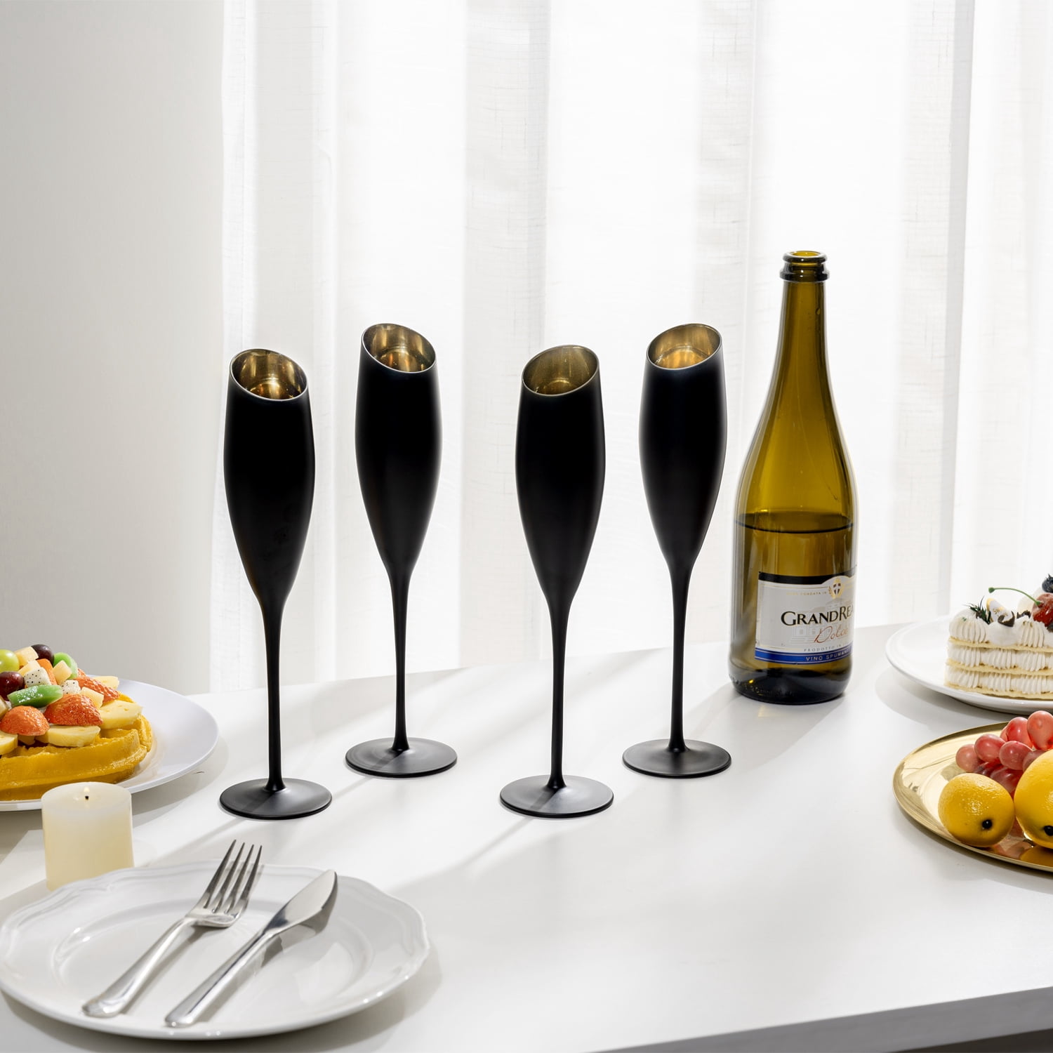 MyGift Set of 4 Matte Black and Gold Angled Rim Stemmed Glass Champagne Flutes