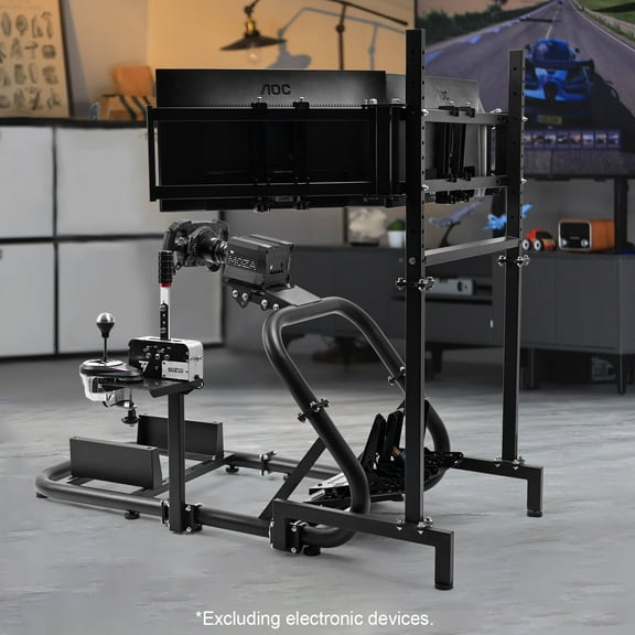 Marada Racing Simulator Cockpit Frame with Triple Monitor Mounting Bracket, compatible with Logitech, Thrustmaster, Fanatec, and other brands.
