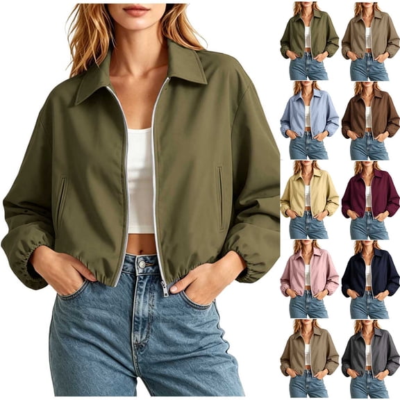 UVEASISHA Women Bomber Jacket Lightweight Cropped Zip Up Jackets Long Sleeve Casual Fall Outerwear with Zipper Pockets Elastic Cuffs Streetwear Army Green S