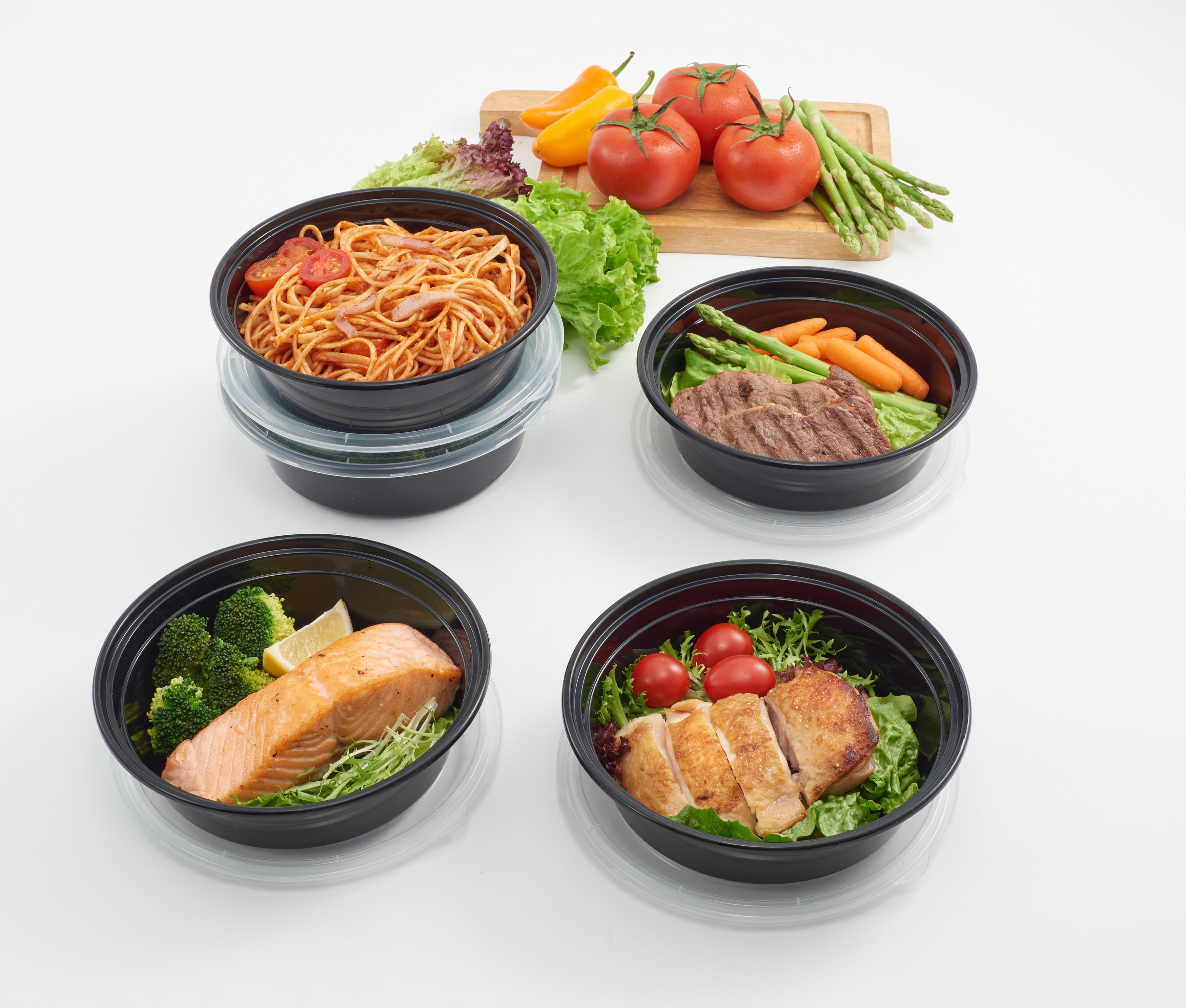 Mainstays 5PK Round Meal Prep Container, Clear LIds and Black