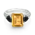 thumbnail image 2 of Gem Stone King 925 Sterling Silver and 10k Yellow Gold Yellow Citrine and Black Onyx 3 Stone Engagement Ring for Women (3.81 Cttw, Emerald Cut Cut 10X8MM, Size 6), 2 of 4