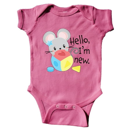 

Inktastic Hello I m New Cute Shy Mouse with Toy Gift Baby Boy or Baby Girl Bodysuit