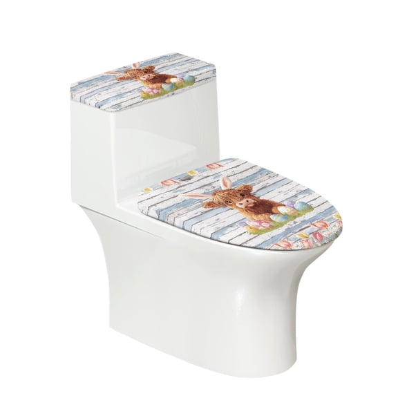 HELLHERO Easter Highland Cow Toilet Dust Cover Set Soft Round Toilet Lid Dust Cover & 2 Pcs Set for Household Reusable Elastic Bottom